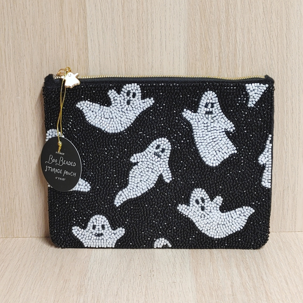 Beaded Ghosts Halloween Pouch Clutch Black 6" x 8 1/4" NWT